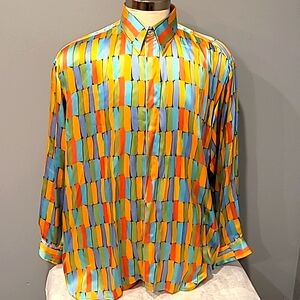 RARE Vintage Genelli Silk Long Sleeve Shirt Mens Size XXL Paint Print 90's